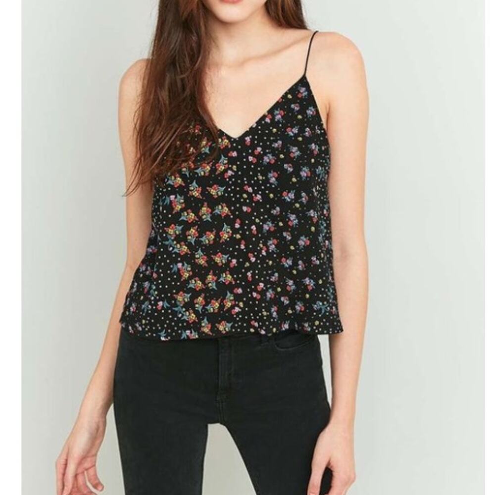 COOPERATIVE Floral Cami Cropped Top Black Strappy Sleeve Women's M